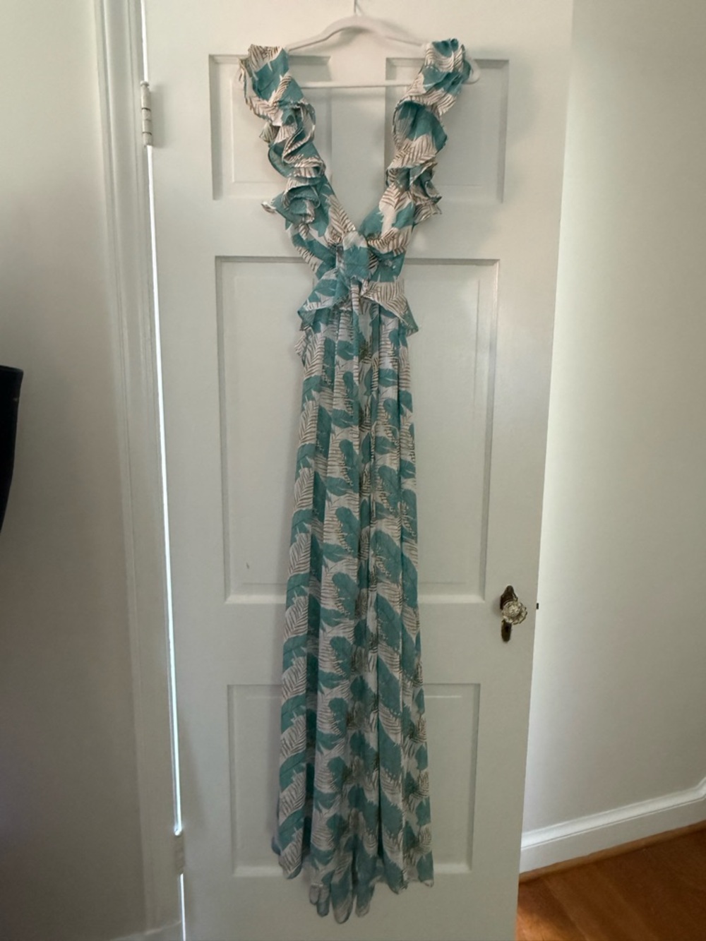 Luxxel Teal and White Ruffled Maxi Dress